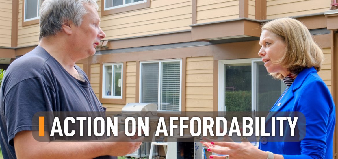 Mitzi Dean and Gordon, a constituent in Esquimalt-Metchosin who is finding life more affordable thanks to New Democrat government policies.