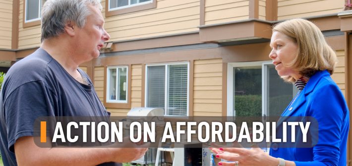 Mitzi Dean and Gordon, a constituent in Esquimalt-Metchosin who is finding life more affordable thanks to New Democrat government policies.